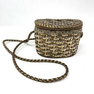 Vintage 90s Metallic Gold Braided Leather Mini Woven Basket Crossbody Purse Bag